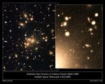 Two side-by-side images. On the left is a cluster of golden galaxies on the black background of space. A white rectangle highlights the area of the image on the right. The right image has light orange dots of different sizes. Larger orbs appear at the top left and right of the image. A larger golden-orange circle lights up the bottom left. The set of images are labeled with the object name, "Globular Clusters in Galaxy Cluster Abell 1689," and instrument, "Hubble Space Telescope, ACS/WFC".