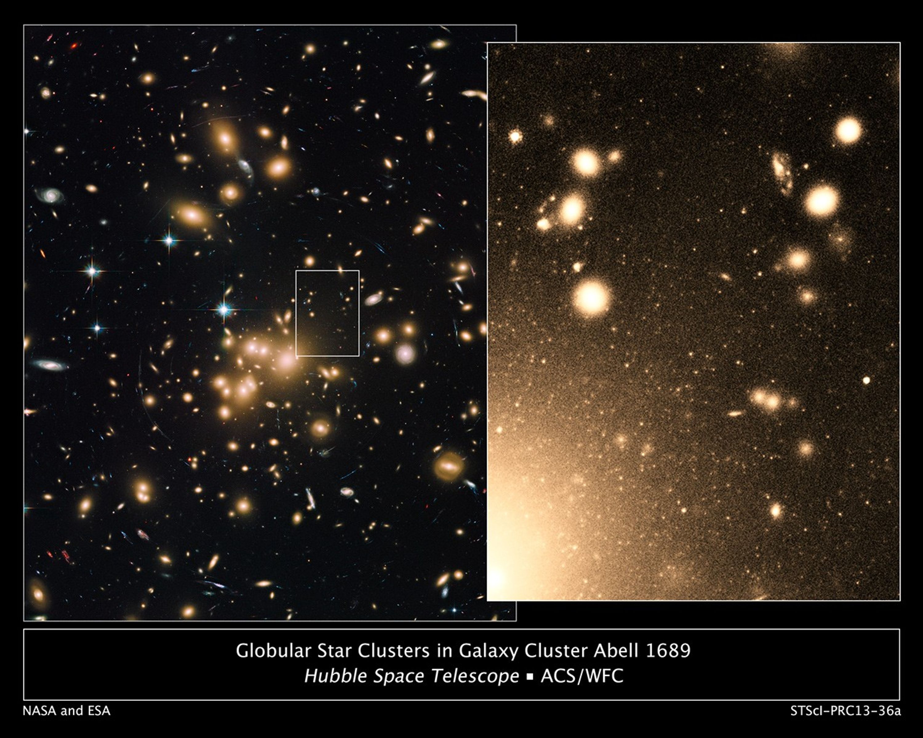 Two side-by-side images. On the left is a cluster of golden galaxies on the black background of space. A white rectangle highlights the area of the image on the right. The right image has light orange dots of different sizes. Larger orbs appear at the top left and right of the image. A larger golden-orange circle lights up the bottom left. The set of images are labeled with the object name, "Globular Clusters in Galaxy Cluster Abell 1689," and instrument, "Hubble Space Telescope, ACS/WFC".