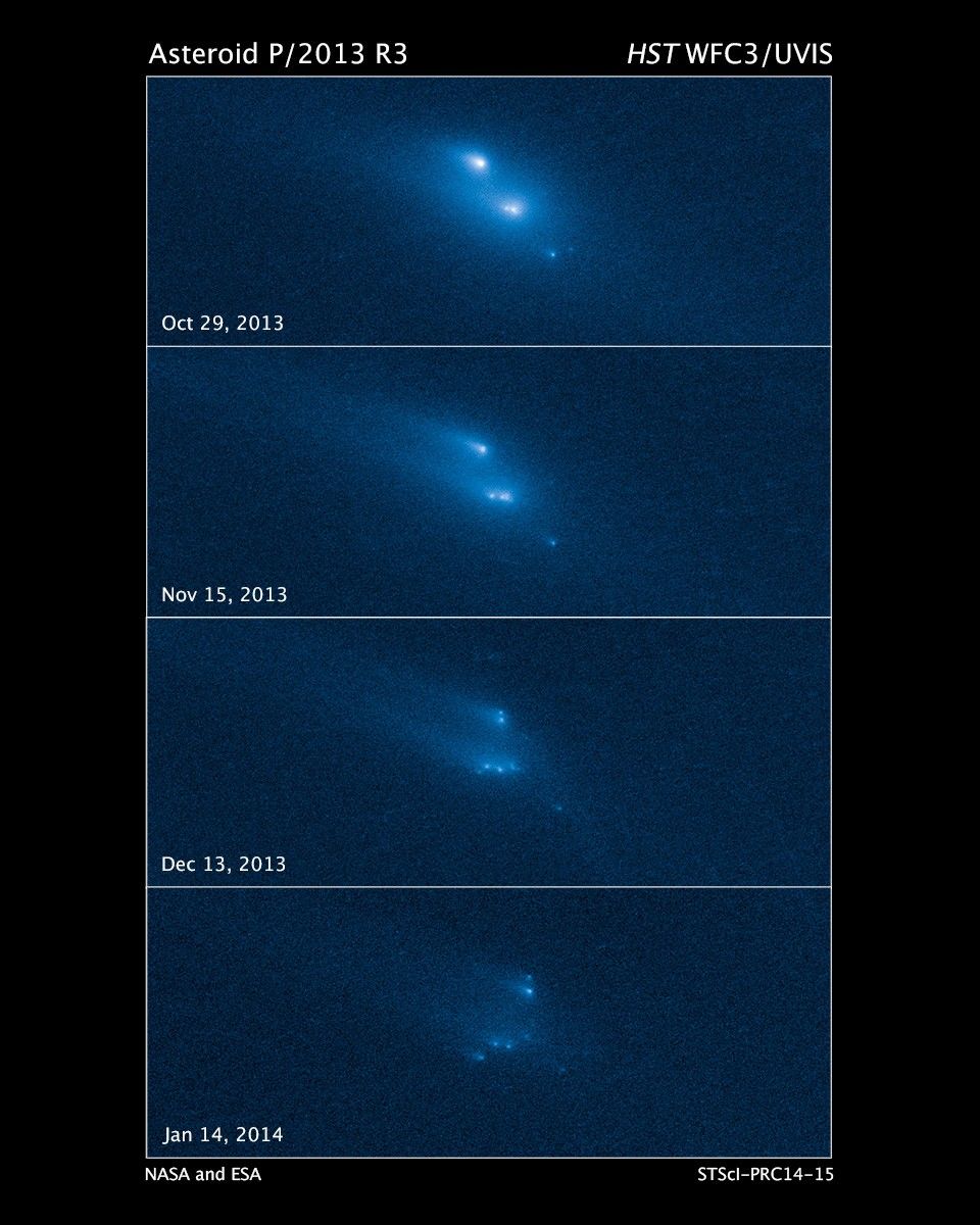 Four images of the same object stacked on top of each other, four-down. Each one has a blue background with a smattering of glowing blue-white dots. The dots are the thickest and brightest in the top image, gradually getting thinner and fainter moving down.