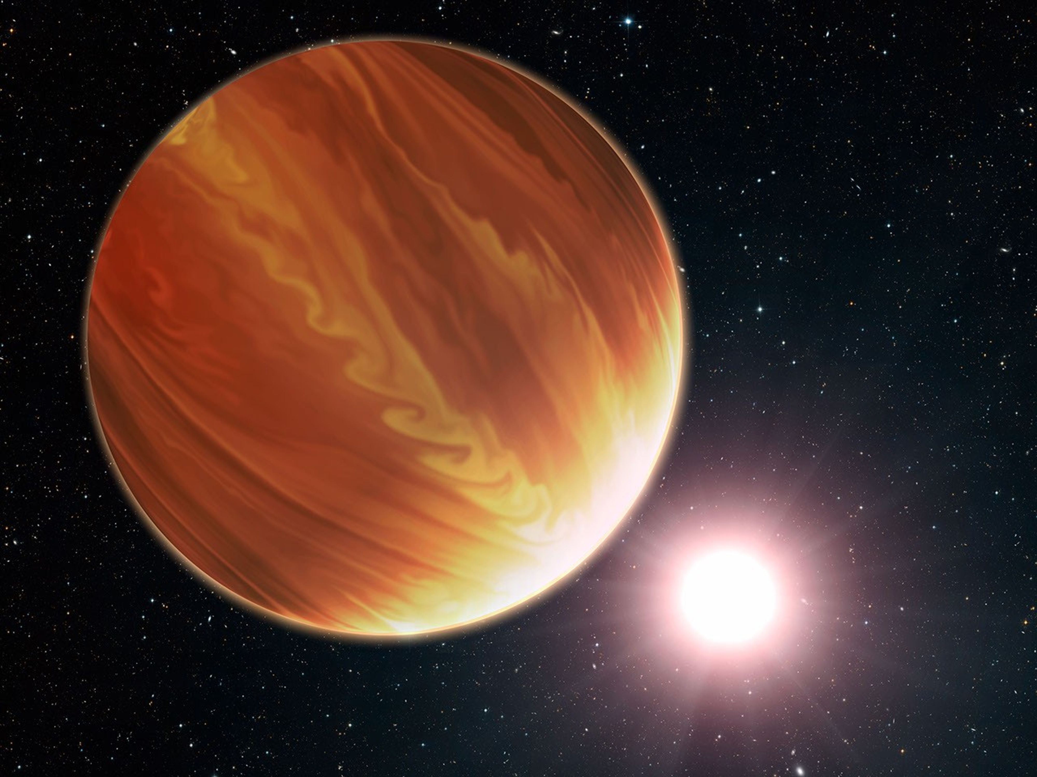 Illustrated orange and cream colors swirl on the surface of a planet in the foreground, with a bright star not unlike the Sun, and faint starfield, in the background.