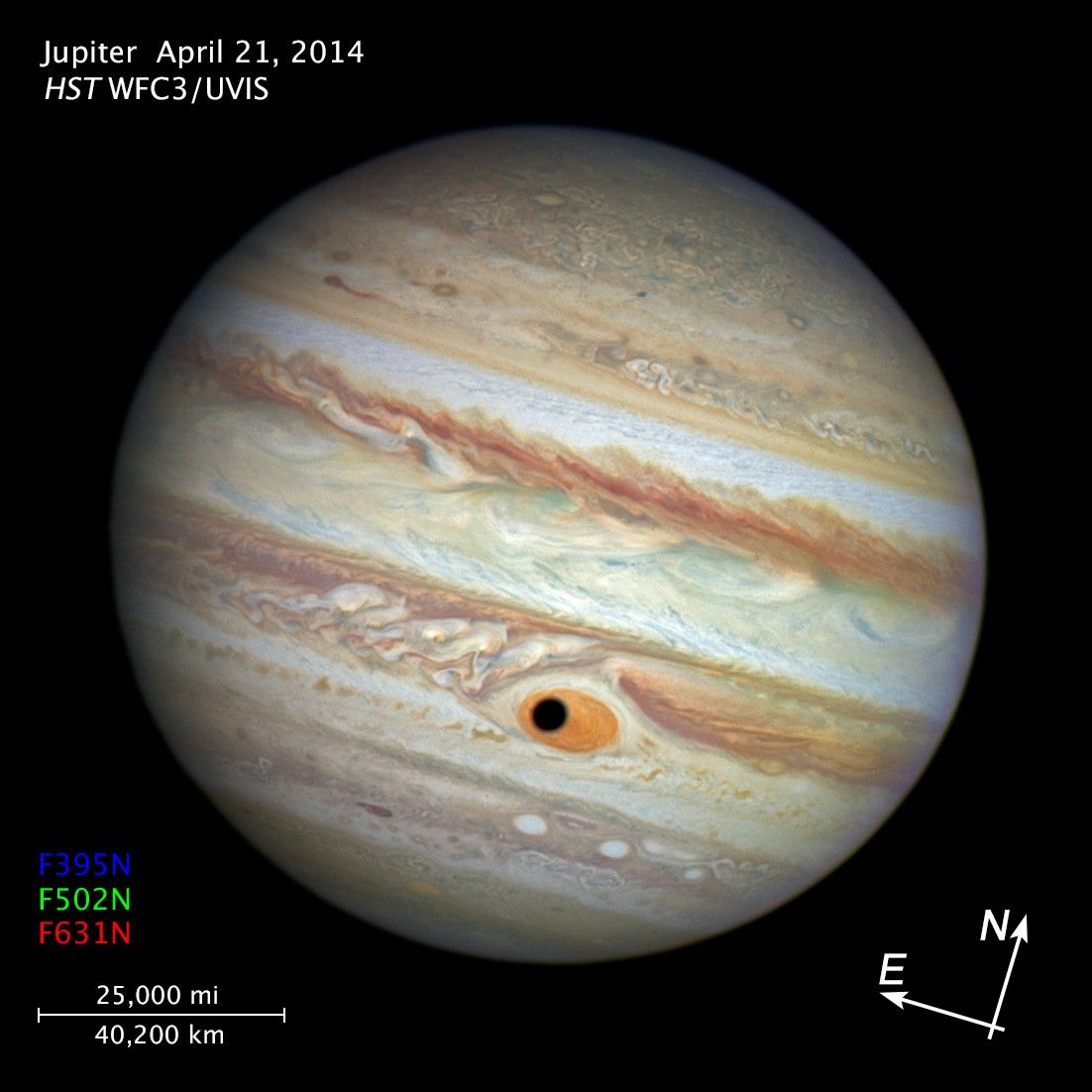 Compass and Scale Image for Jupiter's Great Red Spot and Ganymede's Shadow