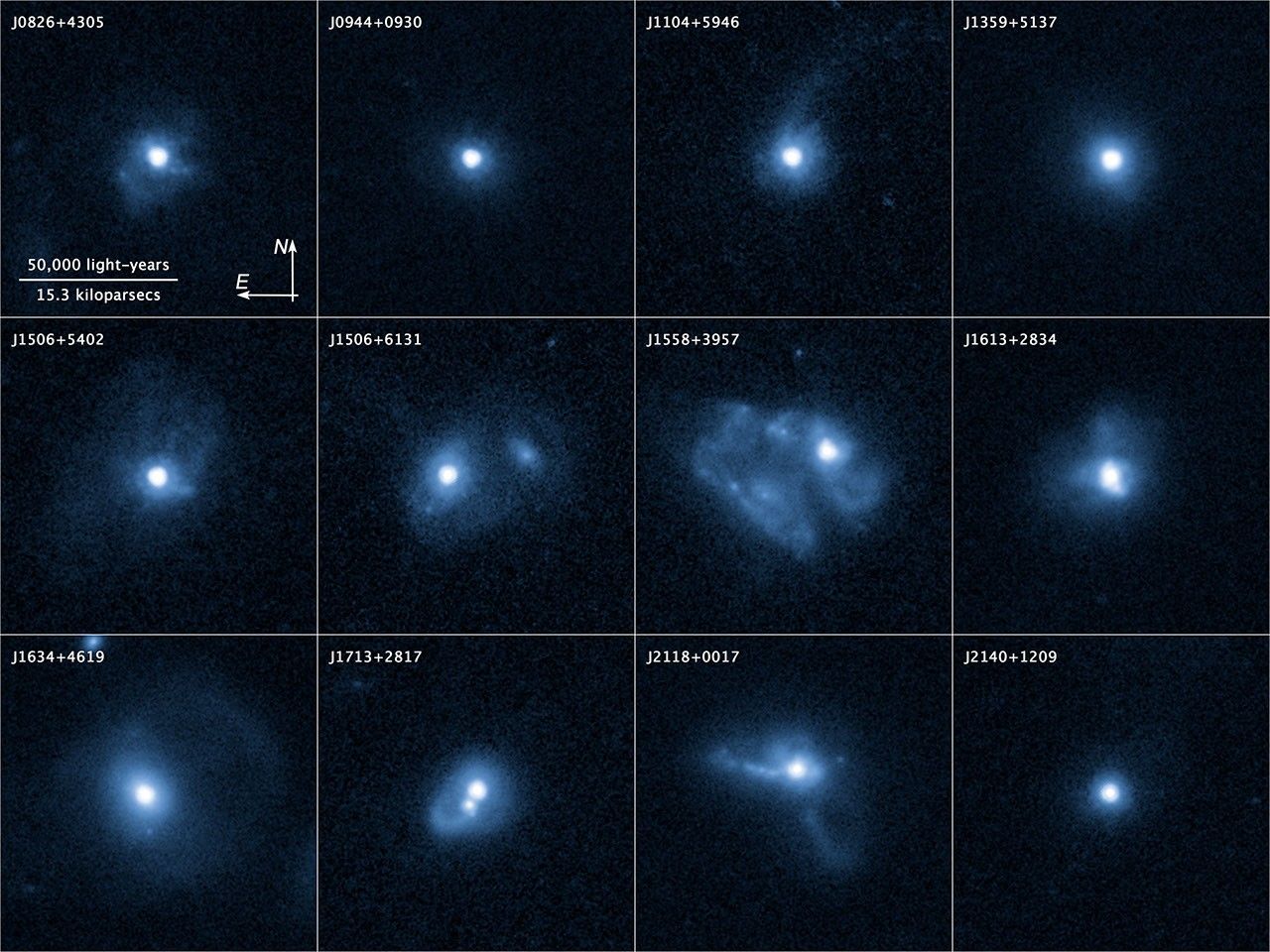 Compass and Scale Image for Outflows from 12 Merging Galaxies