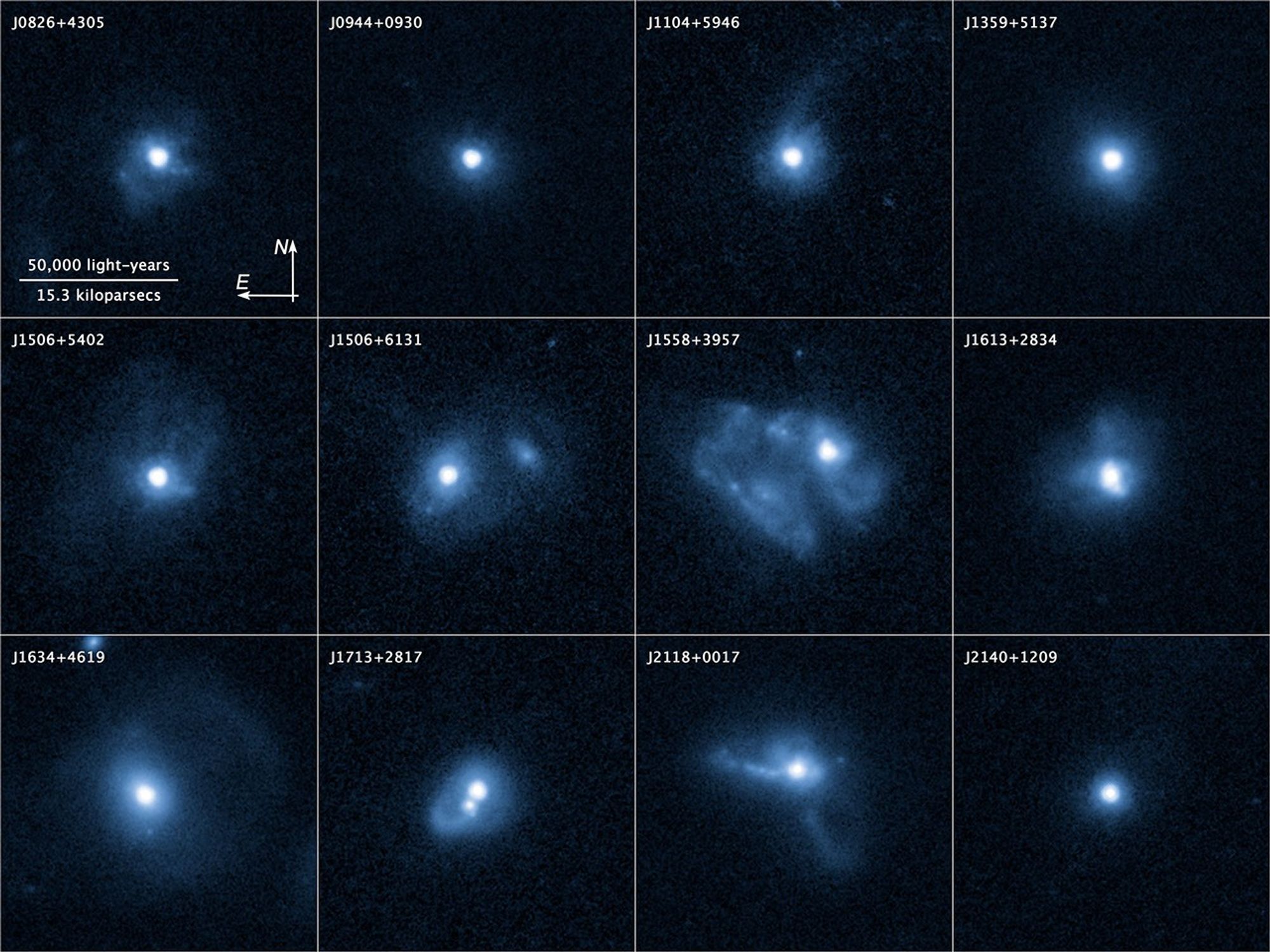 Compass and Scale Image for Outflows from 12 Merging Galaxies