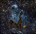 The Pillars of Creation. Wispy silhouettes of three columns against a dark, star-filled background.