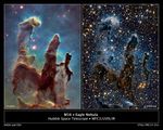 Framed side-by-side comparison of the Pillars of Creation. Title text toward the bottom reads “M16, Eagle Nebula, Hubble Space Telescope, WFC3/UVIS/IR.” At left is the visible-light view, and at right is the near-infrared-light view.