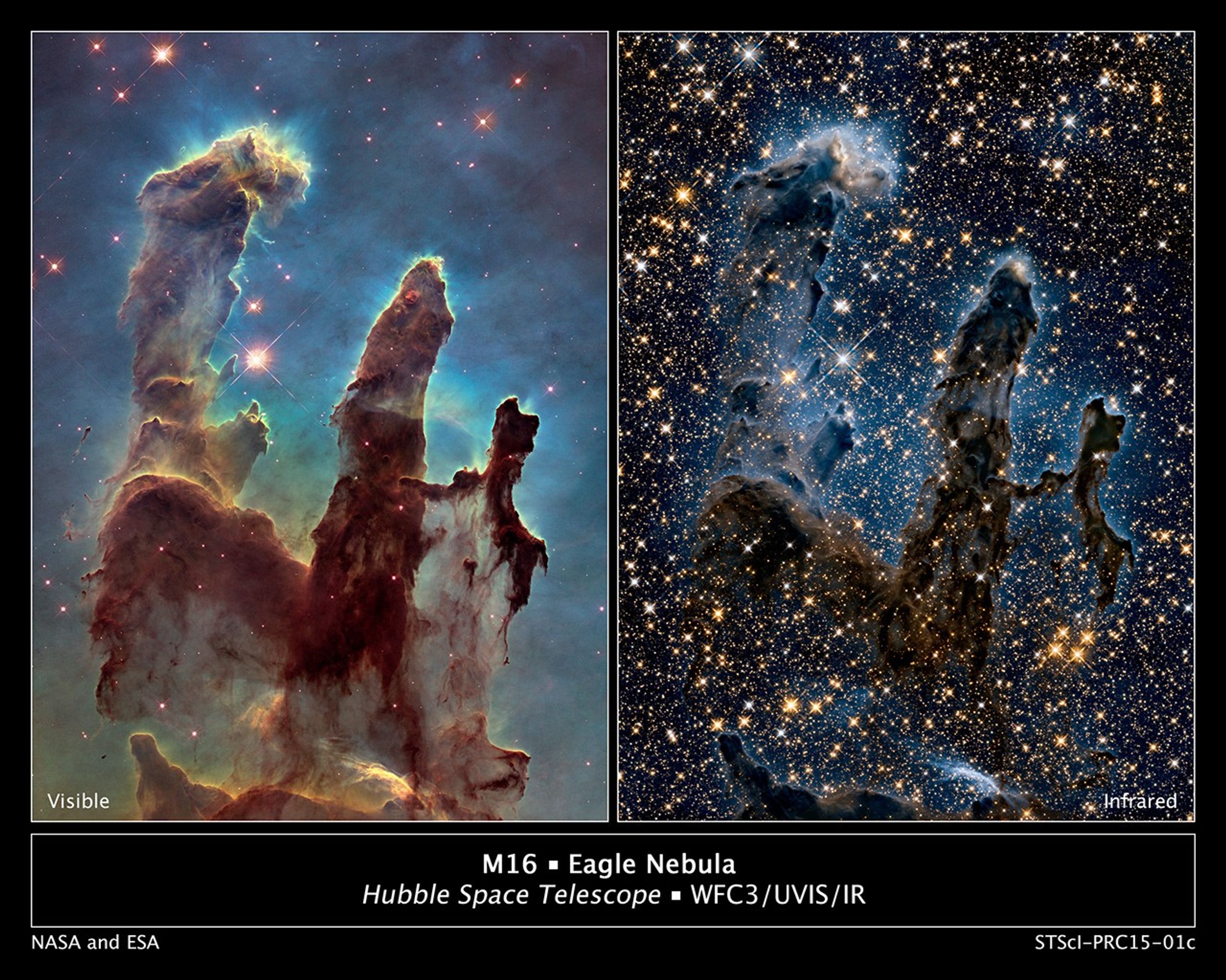 Framed side-by-side comparison of the Pillars of Creation. Title text toward the bottom reads “M16, Eagle Nebula, Hubble Space Telescope, WFC3/UVIS/IR.” At left is the visible-light view, and at right is the near-infrared-light view.