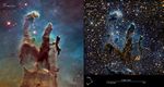Side-by-side comparison of the Pillars of Creation as seen by the Hubble Space Telescope with compass arrows, scale bar, and color keys. The image on the left is titled “M16, HST WFC3/UVIS.” The image on the right is titled “M16, HST WFC3/IR.”
