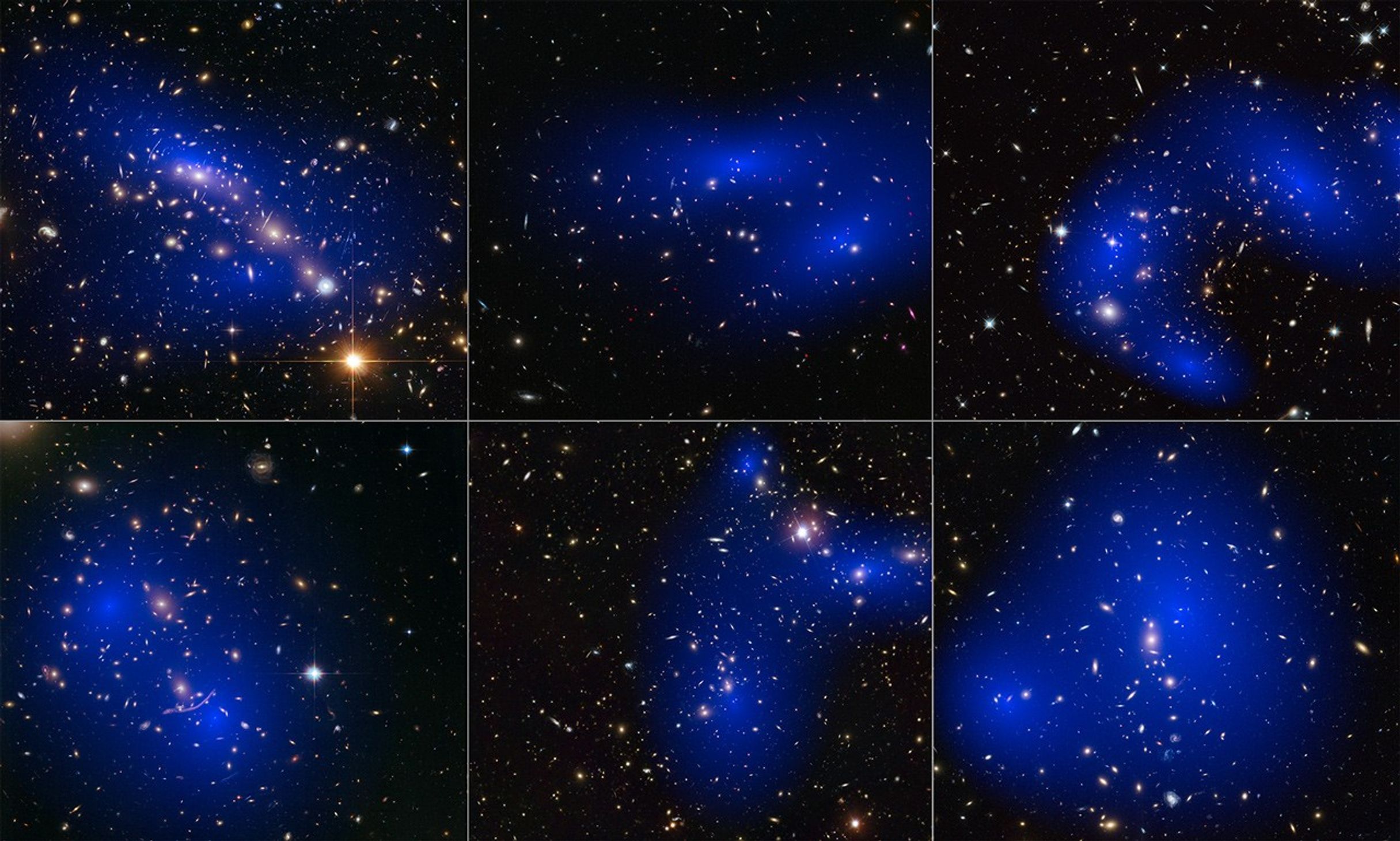Six Galaxy Cluster Collisions, with Dark-Matter Maps (Hubble)