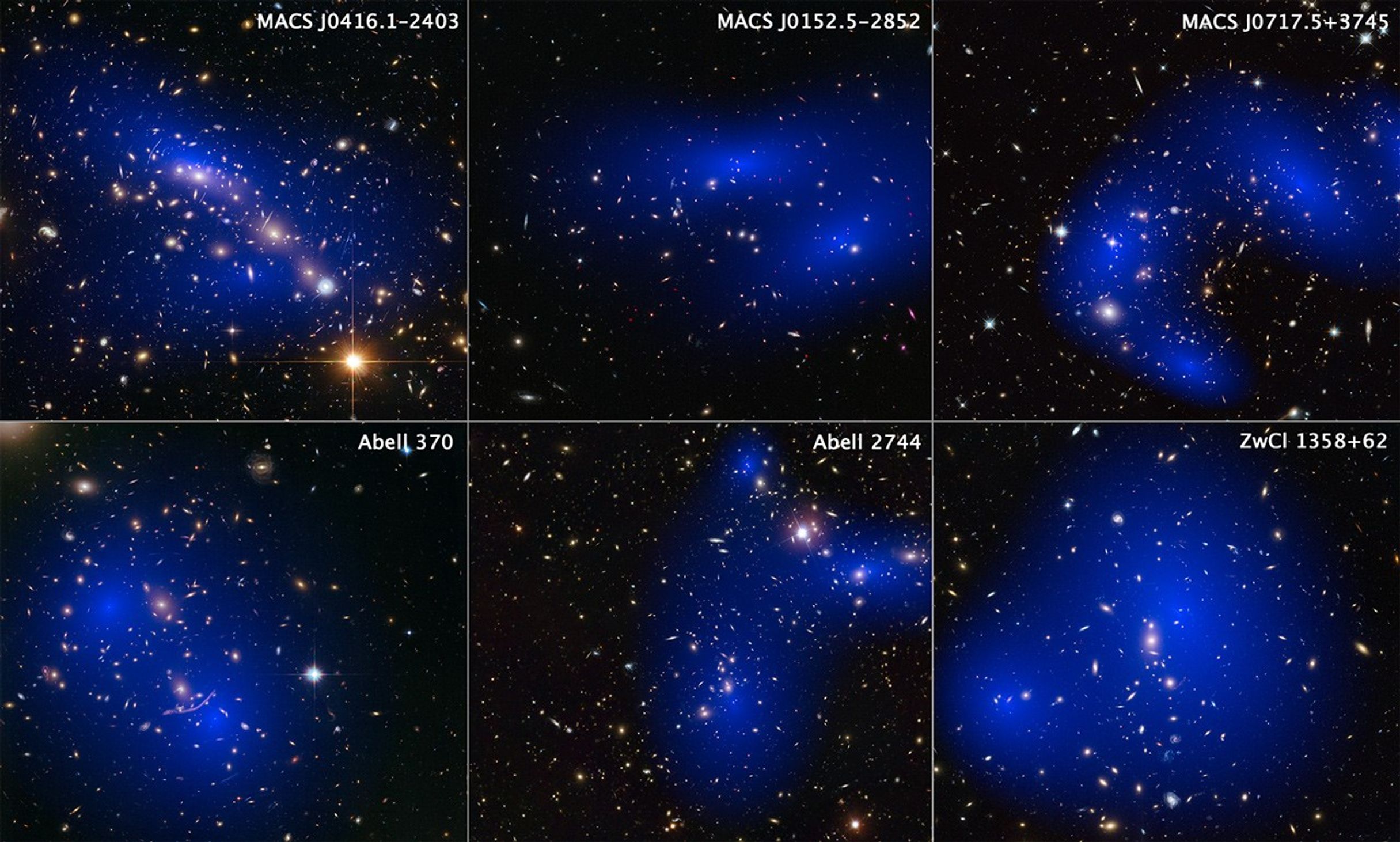 Six Cluster Collisions, with Dark-Matter Maps (Hubble – Annotated)