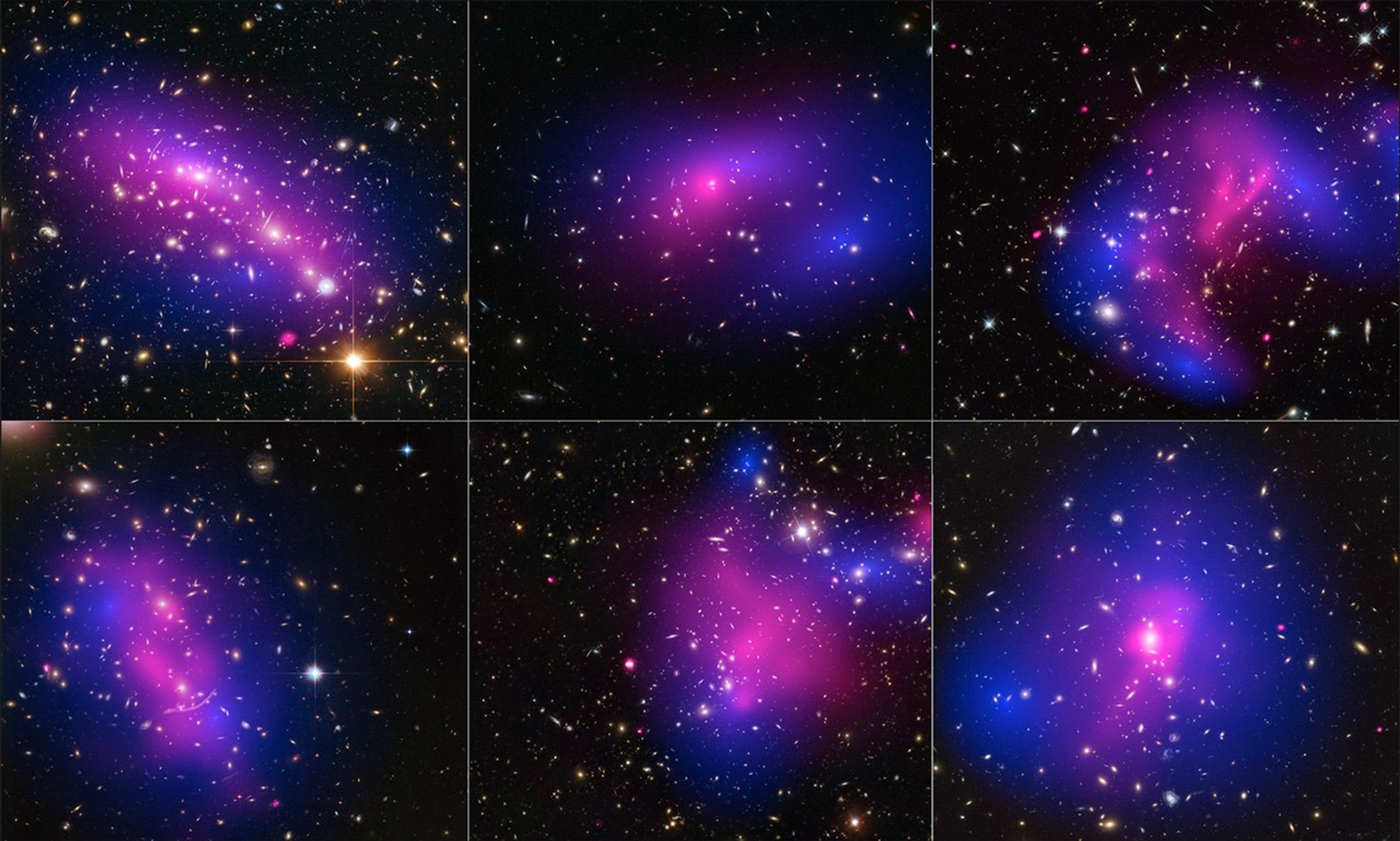 Six Galaxy Cluster Collisions, with Dark-Matter Maps (Hubble and Chandra)