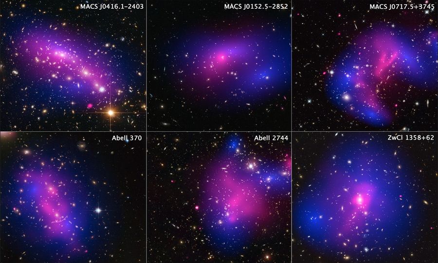 Six Cluster Collisions, with Dark-Matter Maps (Hubble and Chandra — Annotated)