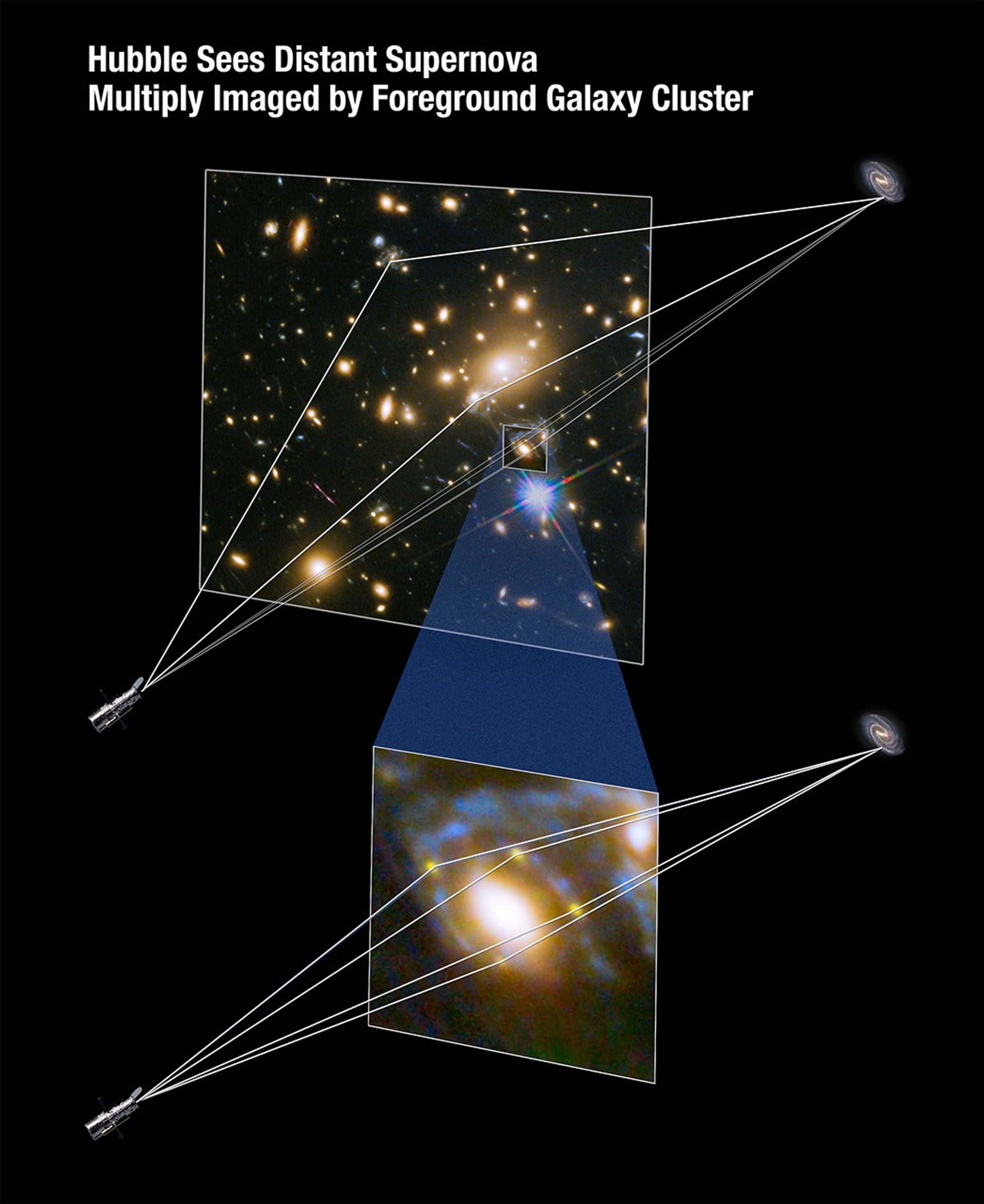 Hubble Sees Distant Supernova Multiply Imaged by Foreground Galaxy Cluster