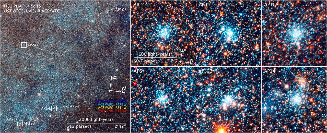 Compass and Scale Image for Portion of Andromeda Galaxy and Star Clusters