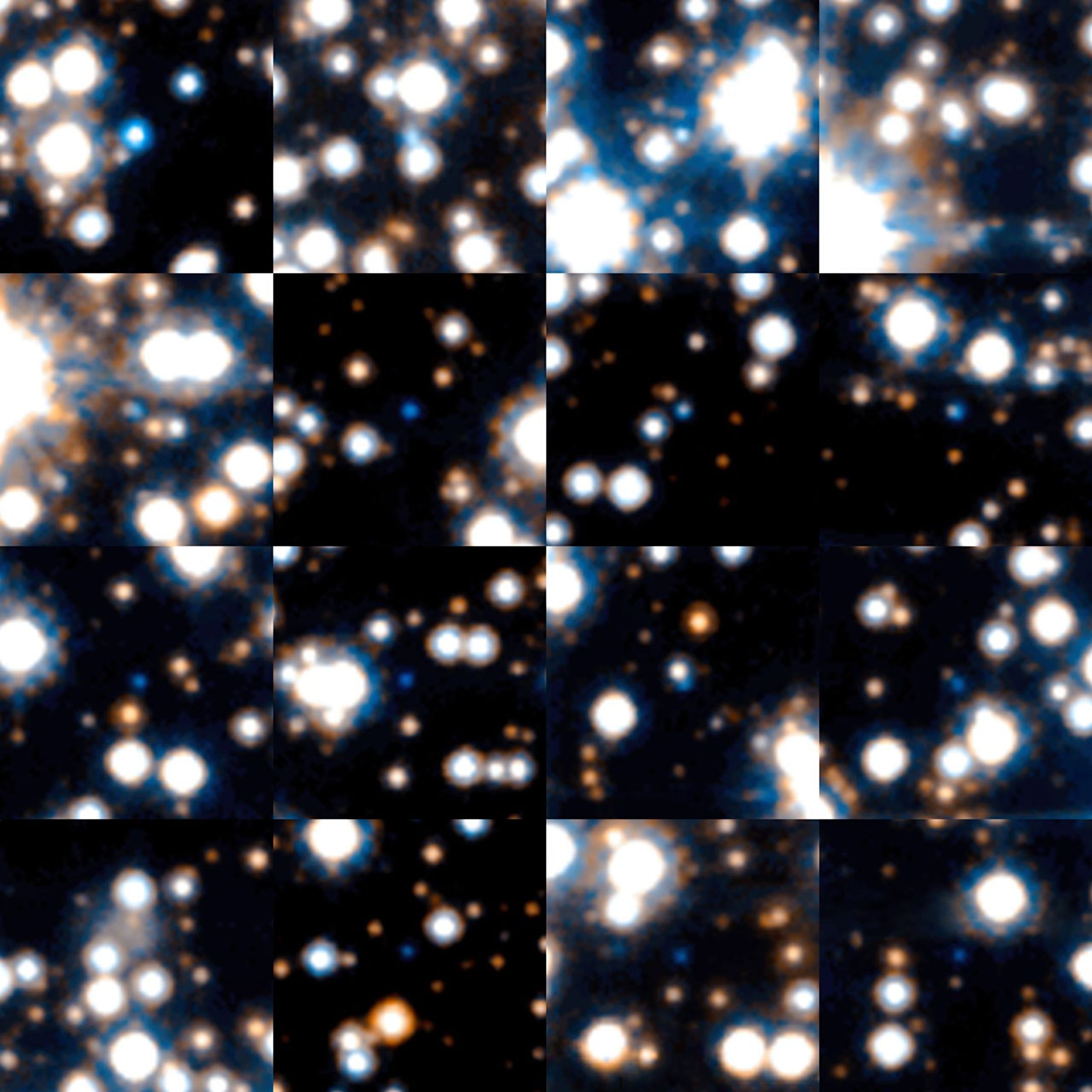 Sixteen squares are stitched together. Each shows scattered bright stars.