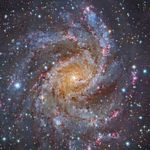 Spiral galaxy with winding arms of red and blue stars.