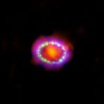 Colorful ring of purple with bright green and blue-green dots surrounding a bright orange blob.