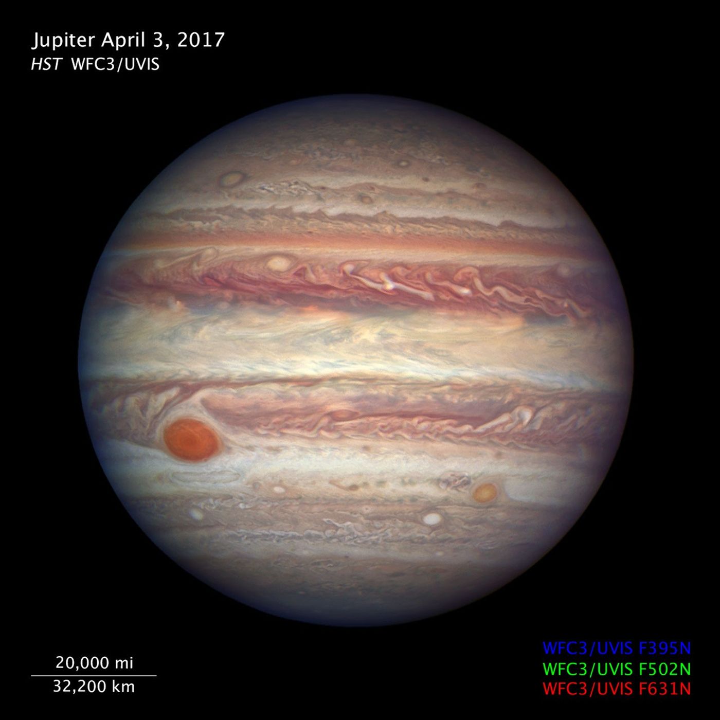 Image titled “Jupiter April 3, 2017, HST WFC3/UVIS” with scale bar and color key.