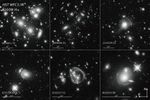 Six scenes in a two by three grid with compass arrows and scale bars. All are grayscale galaxies against the black background of space.