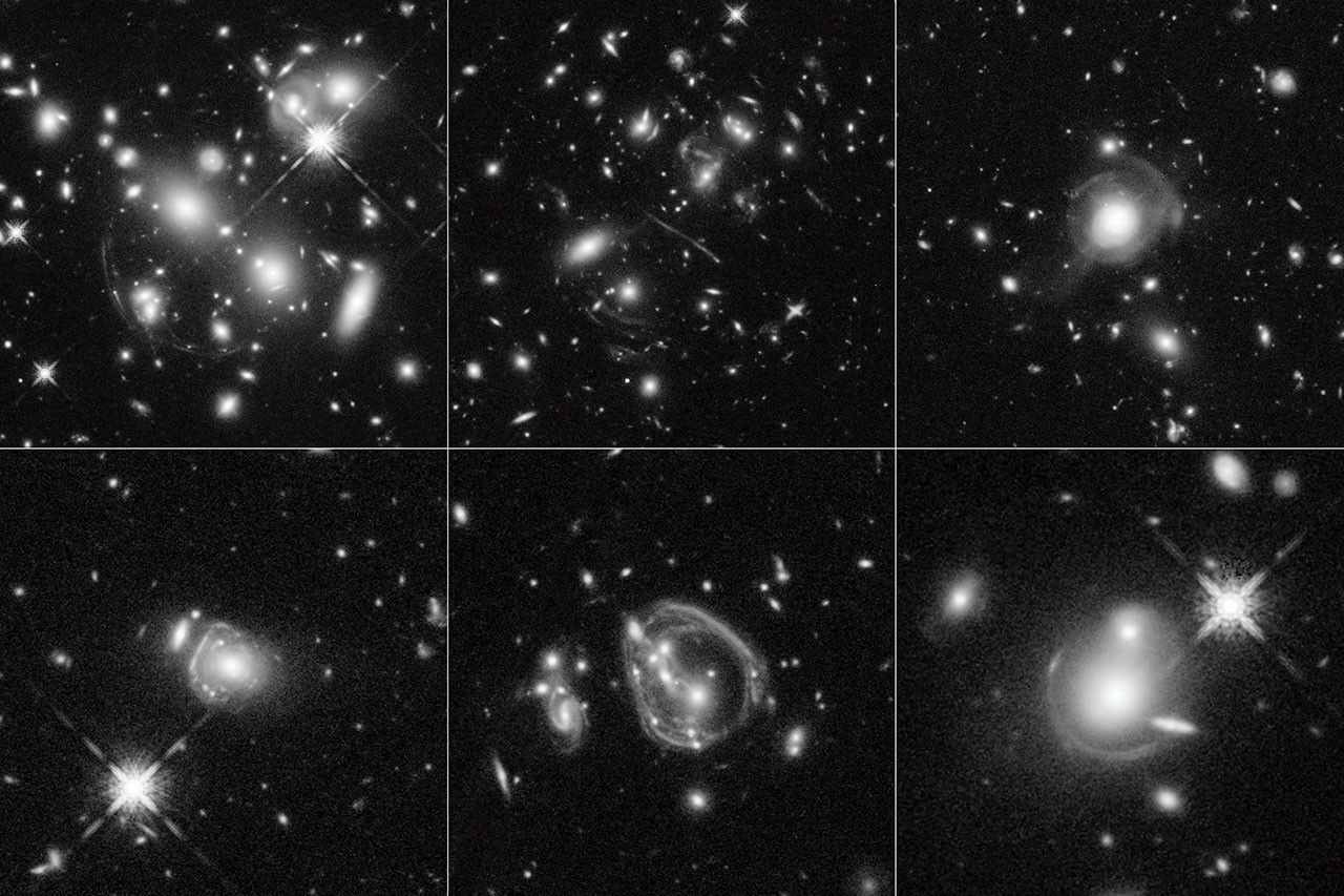 Grayscale galaxies against the black background of space in a grid of two by three.