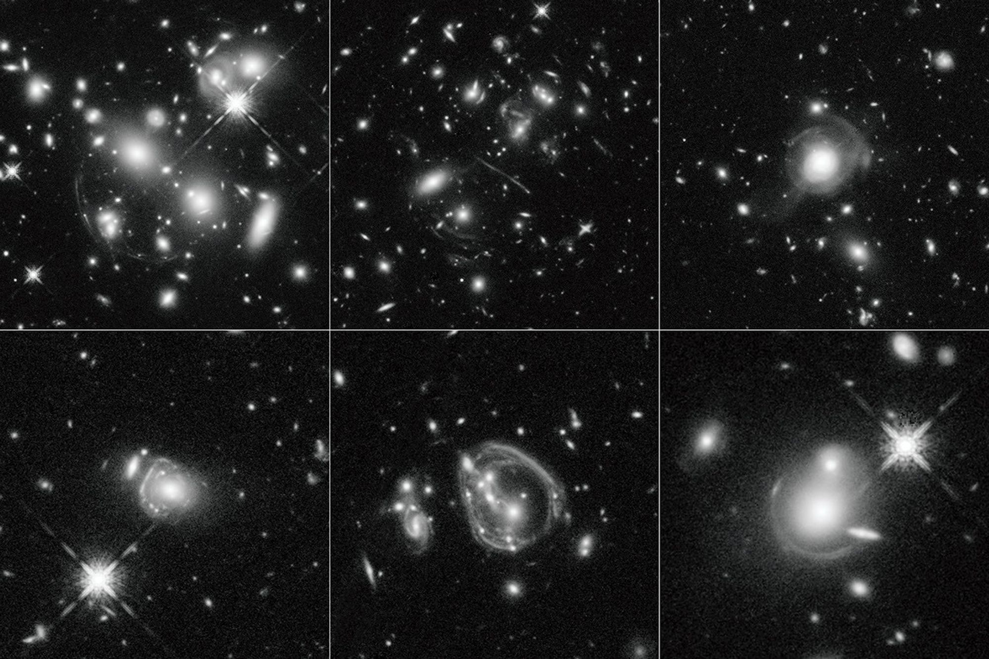 Grayscale galaxies against the black background of space in a grid of two by three.