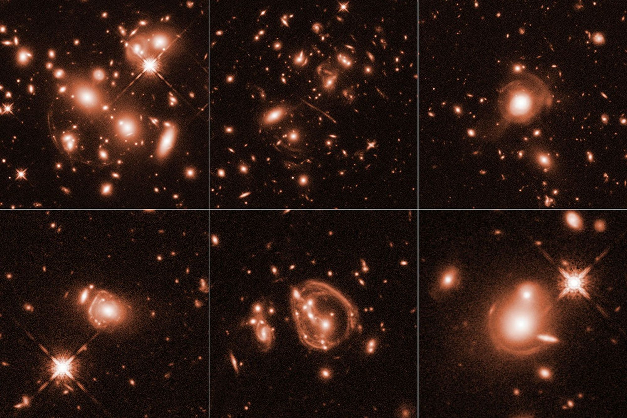 Rose gold-colored galaxies against the black background of space in a grid of two by three.