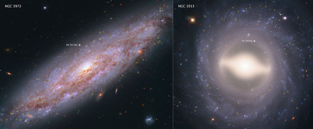 Side-by-side comparison of two galaxies against the black background of space.