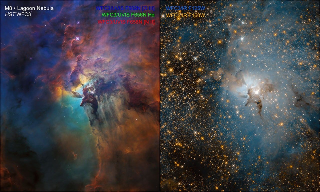 Lagoon Nebula (Visible-light View vs. Infrared View)