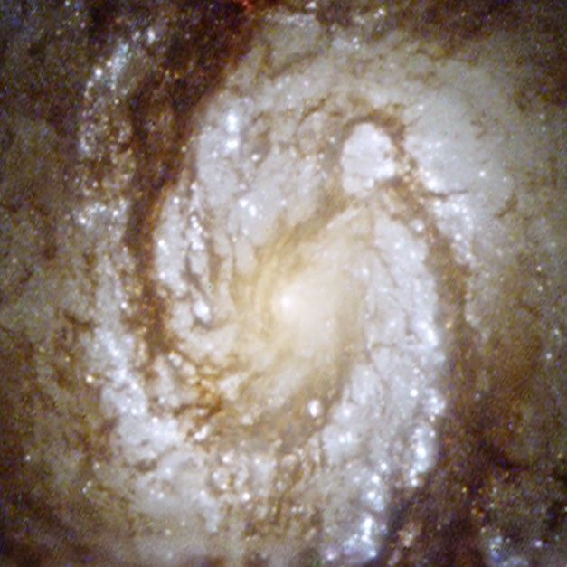 Image by the Hubble Space Telescope’s Wide Field/Planetary Camera 2 showing the bright central core of spiral galaxy M100. The overall image is slightly grainy.