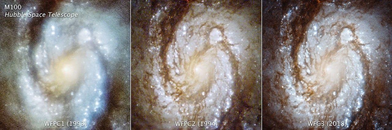 A collage titled “M100, Hubble Space Telescope” showing three images of the bright central core of the spiral galaxy. Each image is taken by a camera of a different generation.