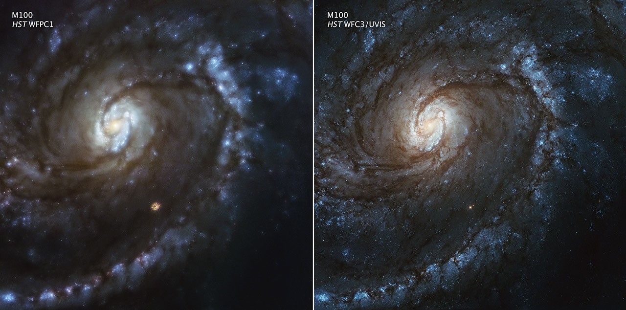 A side-by-side comparison of spiral galaxy M100 as seen by the Hubble Space Telescope.