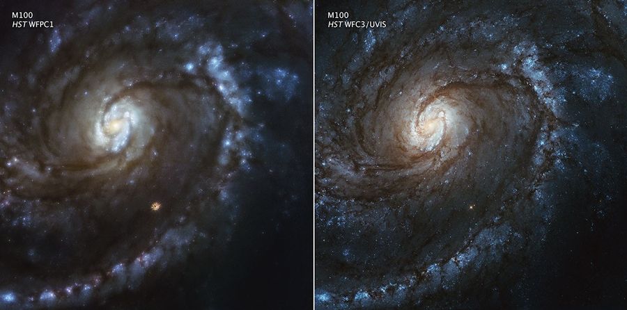 A side-by-side comparison of spiral galaxy M100 as seen by the Hubble Space Telescope.