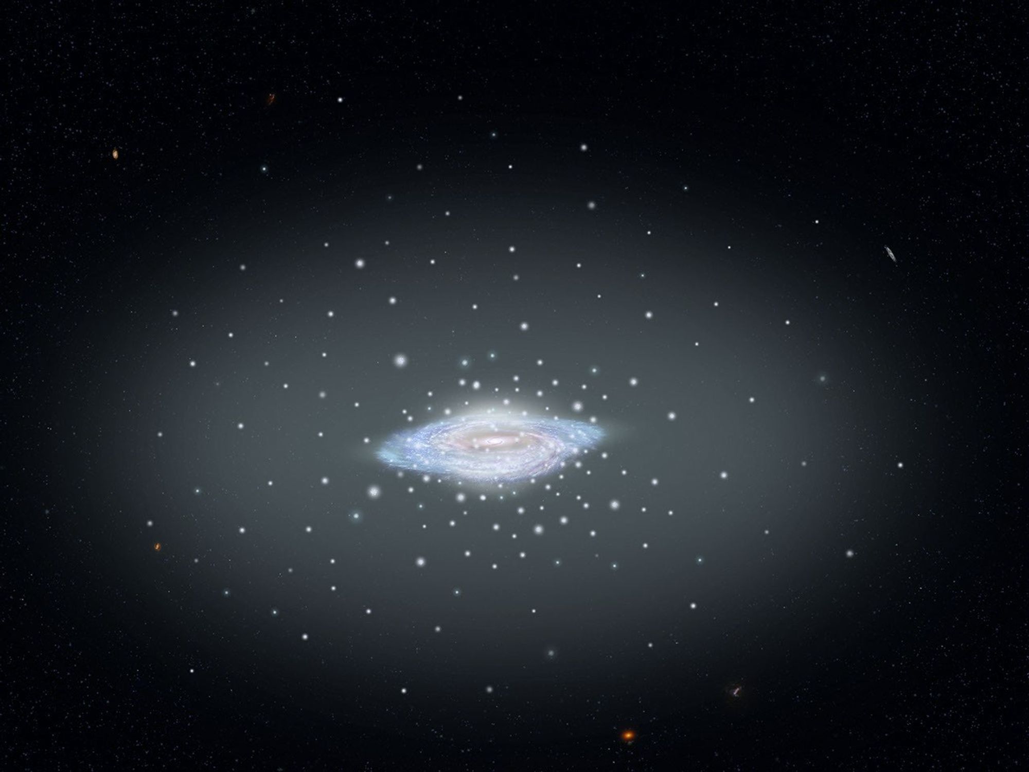 Illustration of a blue and pink spiral galaxy in the center, surrounded by white dots of different sizes.