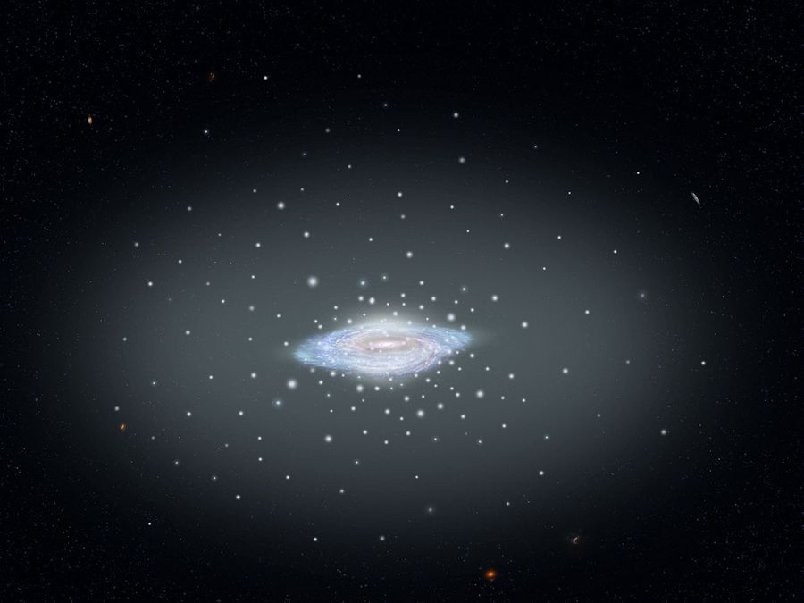 Illustration of a blue and pink spiral galaxy in the center, surrounded by white dots of different sizes.