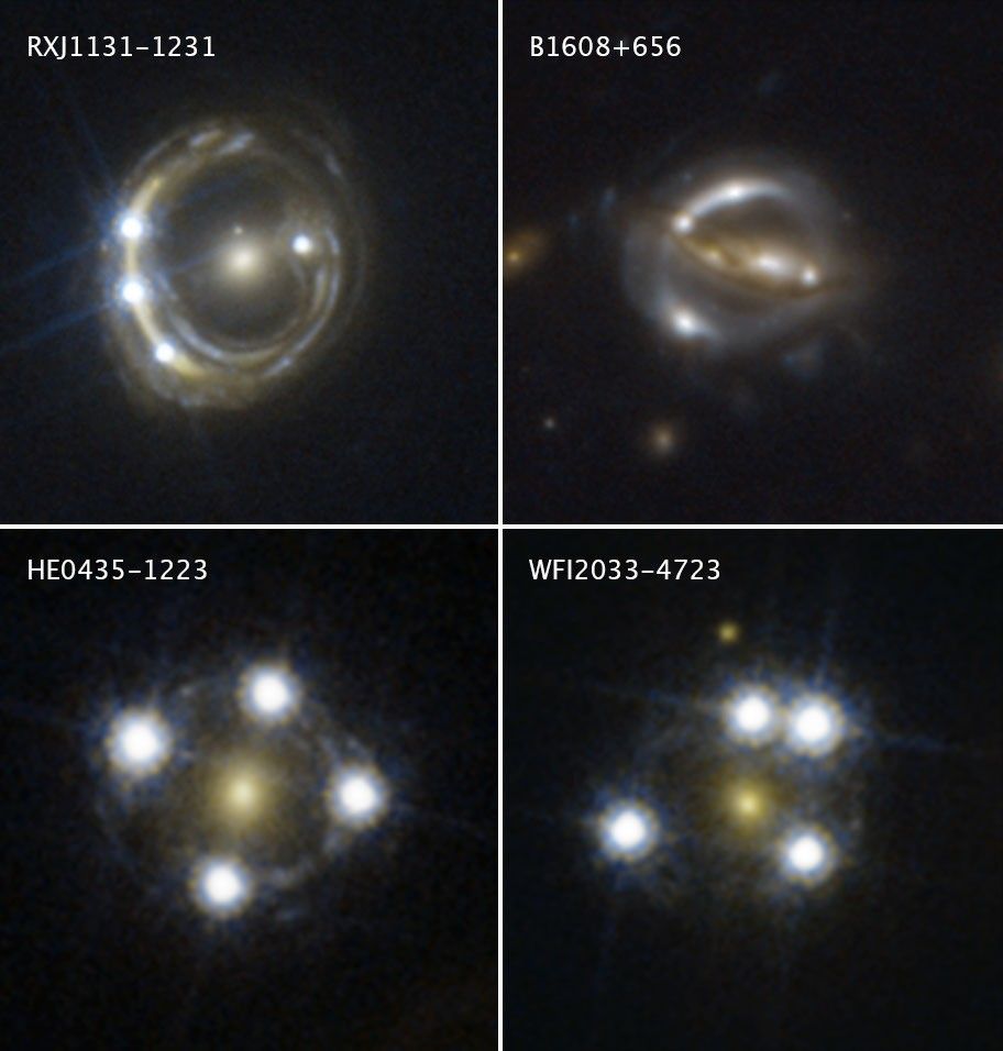 Four images of quasars, each appearing duplicated due to effects of gravitational lensing. The two lower images have four white dots around the edge of a ring around a yellow dot in the middle. The two upper images show a thicker, more distorted ring around the center, while the white dots around the edges are smaller.