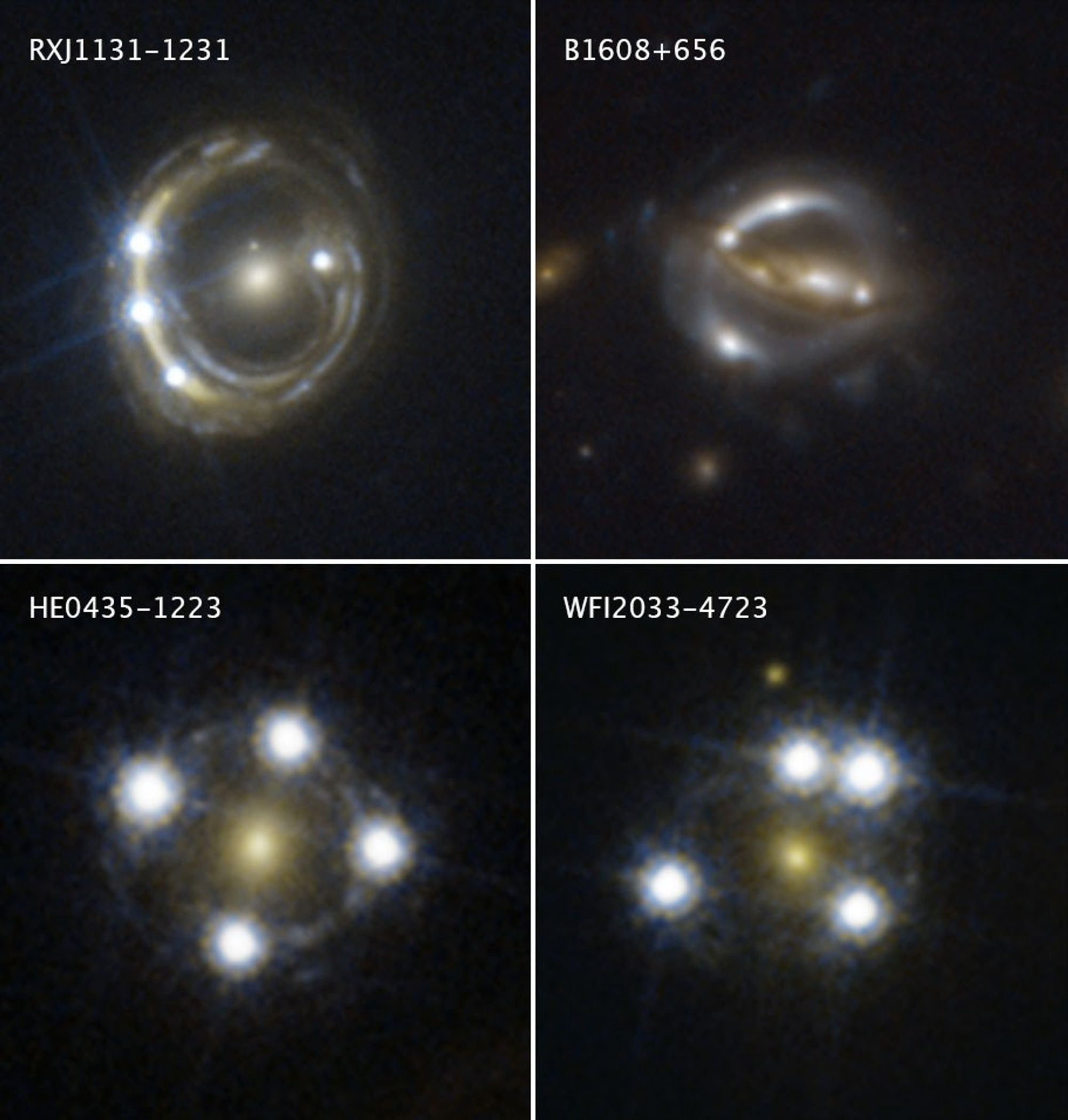 Four images of quasars, each appearing duplicated due to effects of gravitational lensing. The two lower images have four white dots around the edge of a ring around a yellow dot in the middle. The two upper images show a thicker, more distorted ring around the center, while the white dots around the edges are smaller.