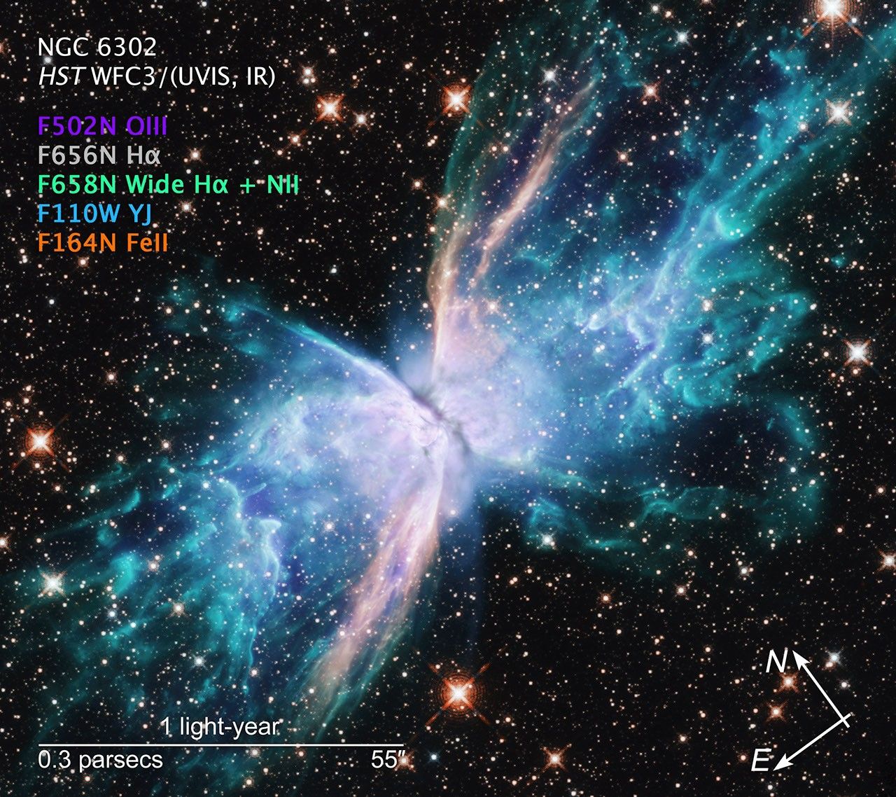 Colorful butterfly-shaped nebula with compass arrows, scale bar, and color key for reference.