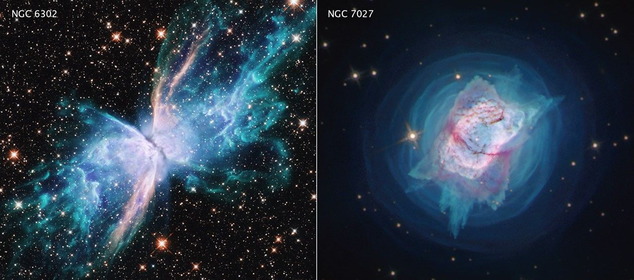 Two planetary nebulas pictured side-by-side. On the left is the colorful butterfly-shaped nebula, NGC 6302. On the right is NGC 7027, a nebula with a pink elliptical shell is surrounded by concentric rings of blue gas, all set on a black star-filled background.