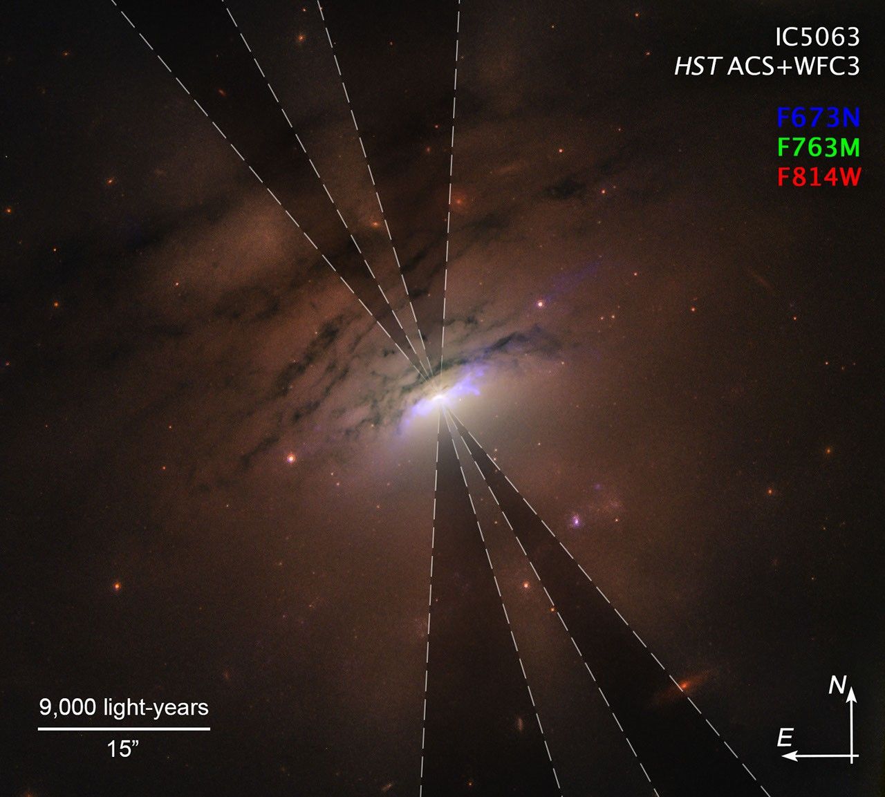 Dark Rays in IC 5063 with compass and scale