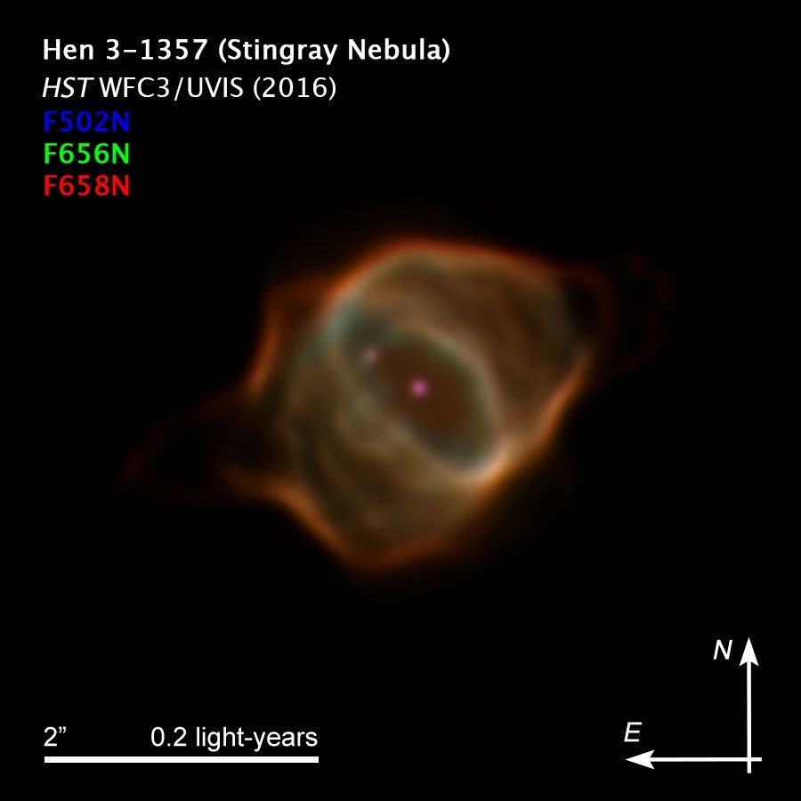 Stingray Nebula image from 2016 with compass and scale