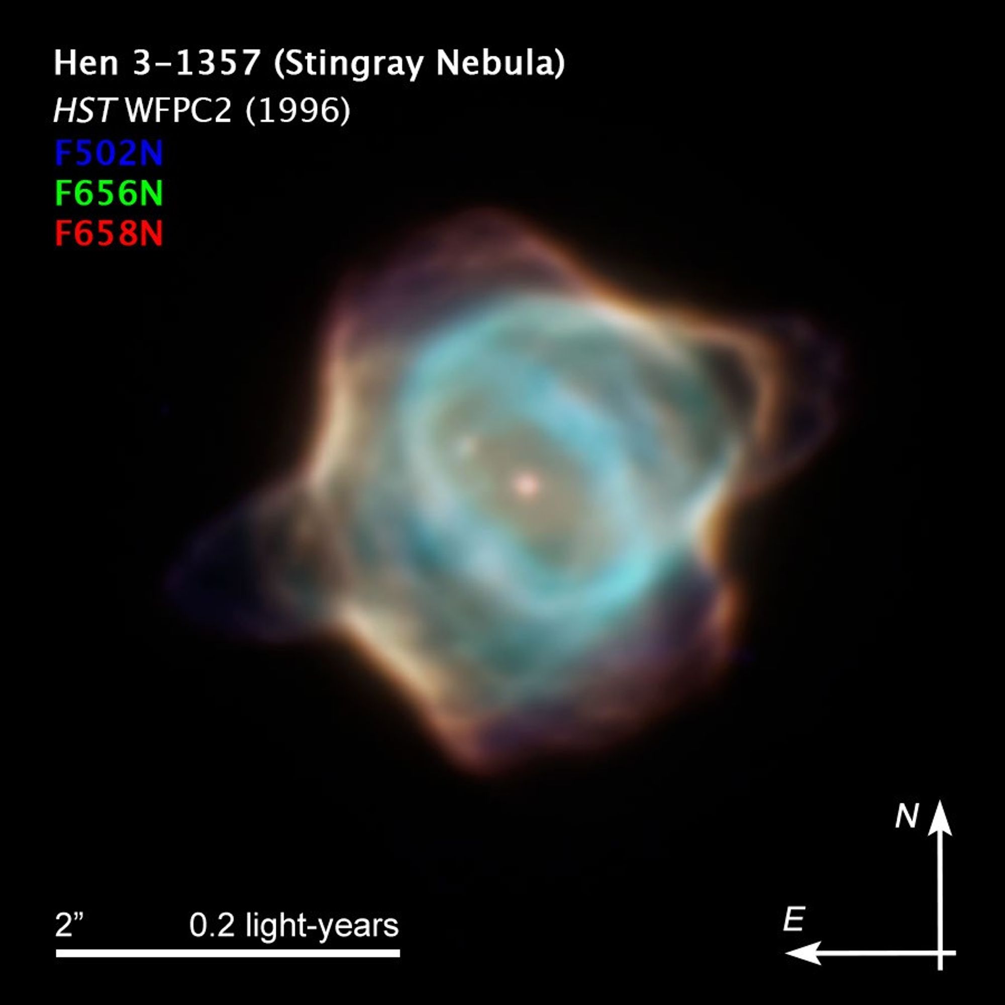 Stingray Nebula image from 1996 with compass and scale