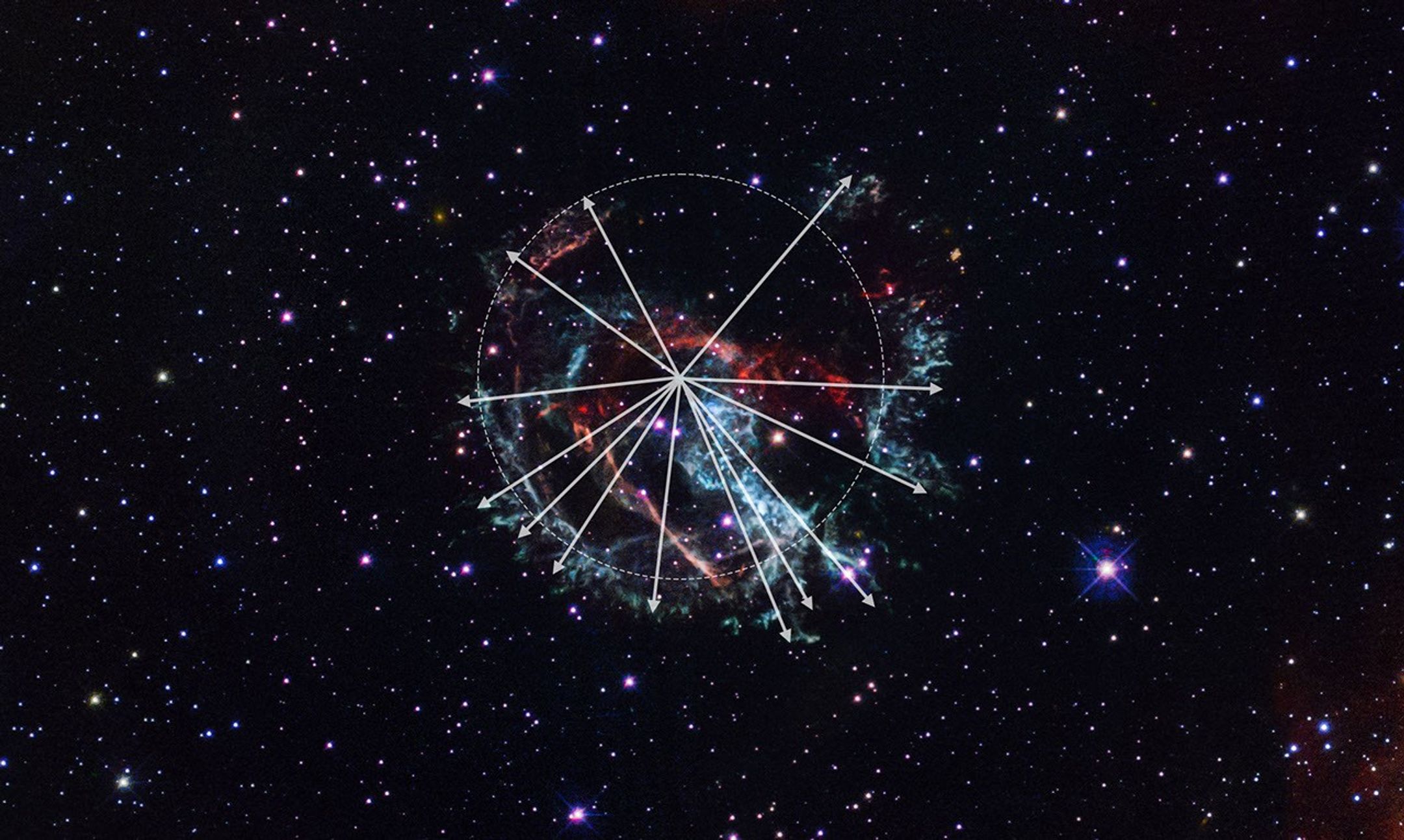 Red, green, and blue Hubble color-composite image outlines the direction of high-speed ejecta flung from the supernova blast