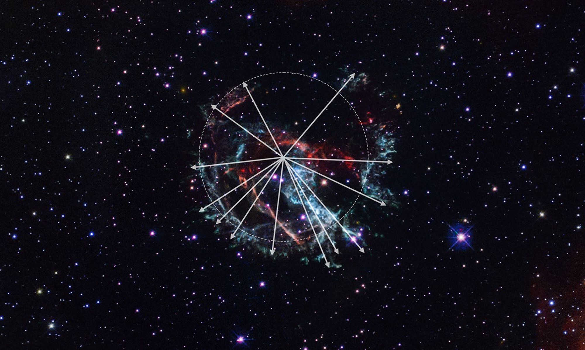 Red, green, and blue Hubble color-composite image outlines the direction of high-speed ejecta flung from the supernova blast