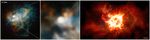 Left: multi-color Hubble view of the nebula surrounding the star. Middle: closeup Hubble view of the region around the star