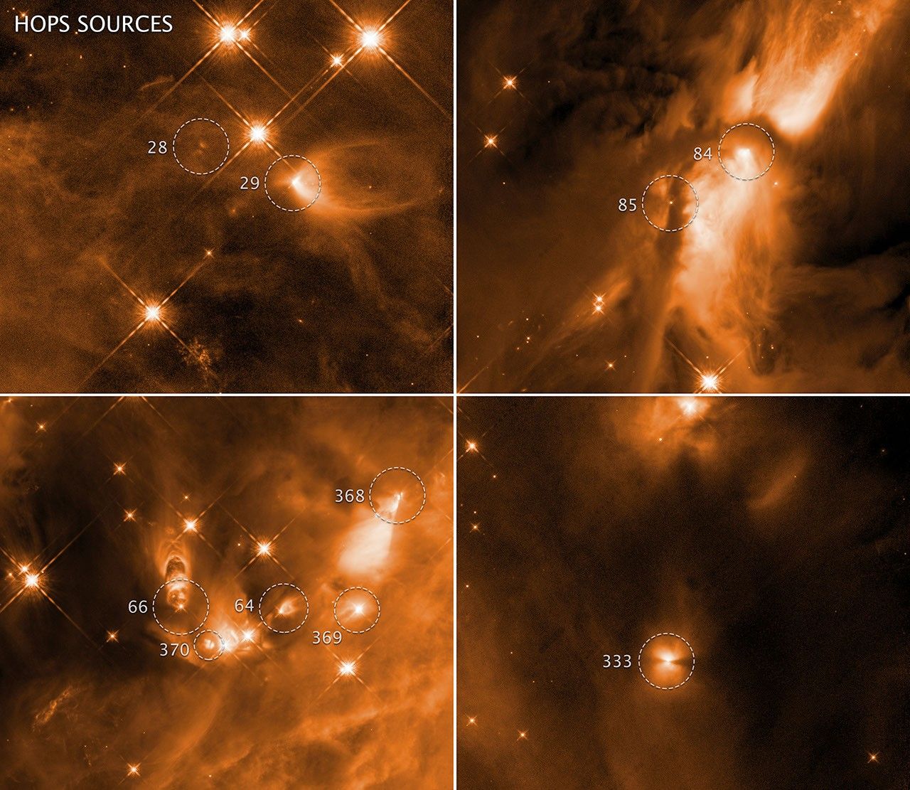 These four annotated images, taken with Hubble in infrared light, reveal the chaotic birth of stars in the Orion complex