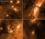 These four annotated images, taken with Hubble in infrared light, reveal the chaotic birth of stars in the Orion complex