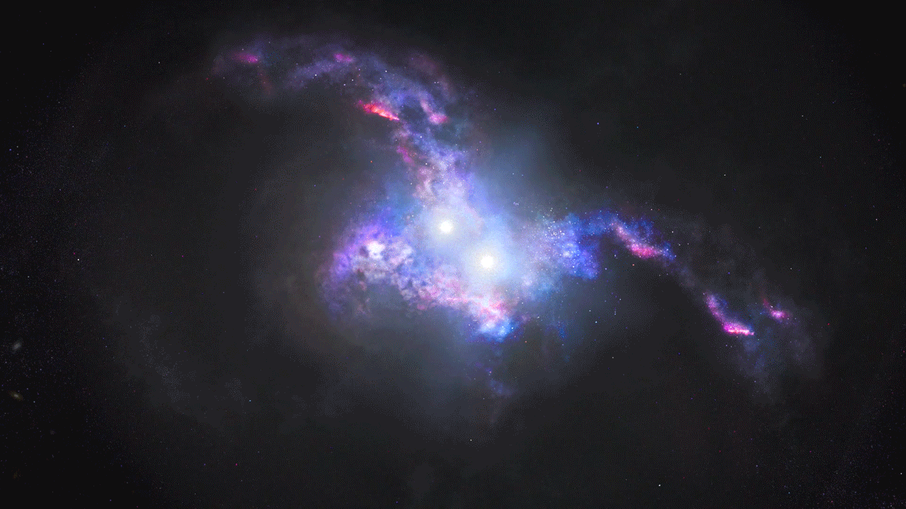 Artist's illustration of the brilliant light of two quasars in the cores of two galaxies that are merging.