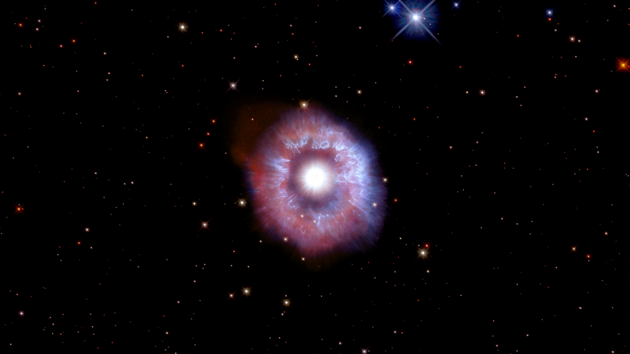 Bright star surrounded by shell of gas and dust