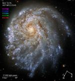 Annotated image of a large spiral galaxy filled with streaks of blue and pink on a black, starry background, with compass arrows, a scale bar, and color key for reference. Its right-side arm appears to be breaking away from the rest of the galaxy.