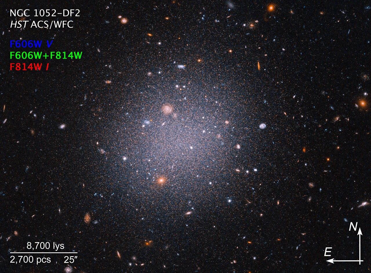 Diffuse galaxy with red giant stars and background galaxies with compass information