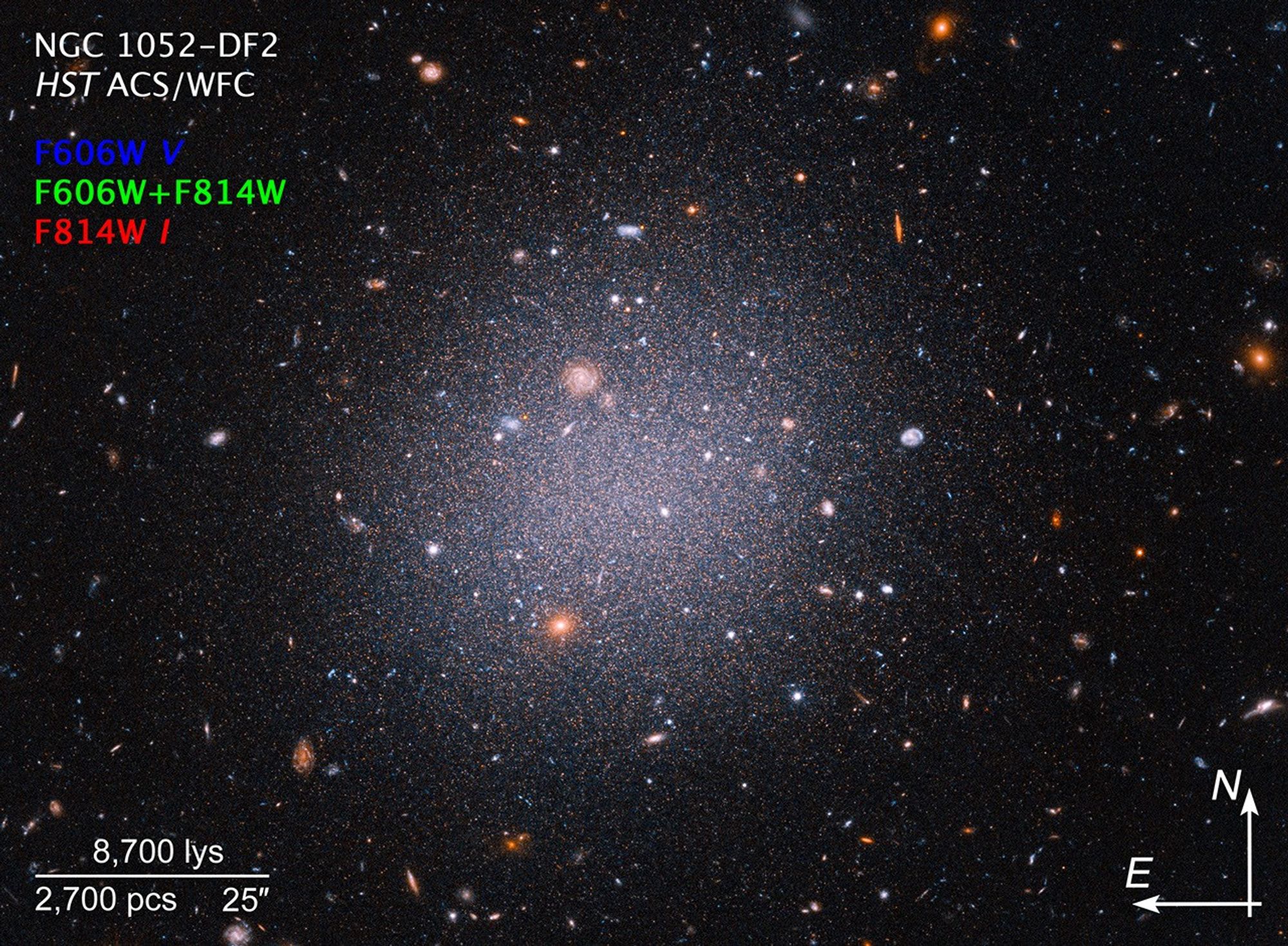Diffuse galaxy with red giant stars and background galaxies with compass information